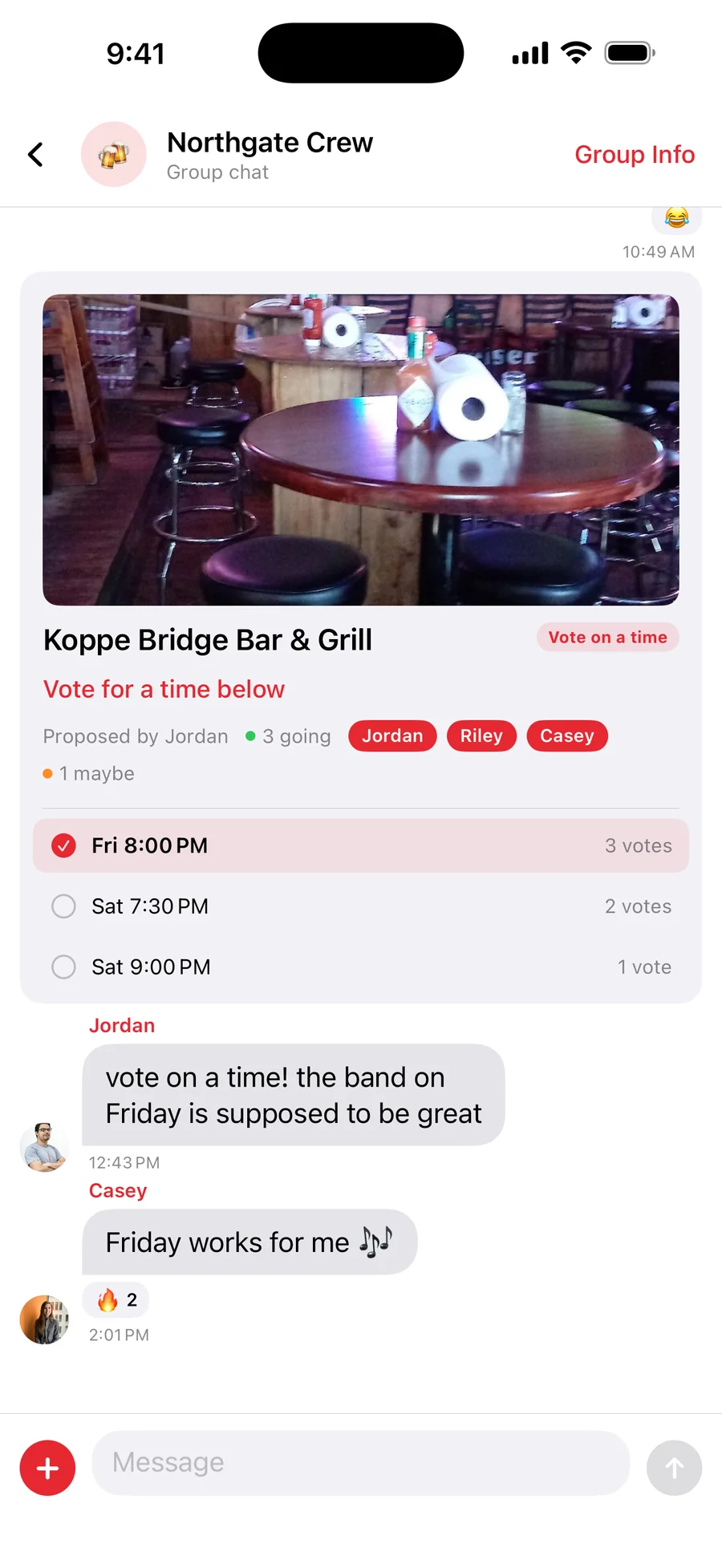 A friend group chat in Tango with plans and a poll