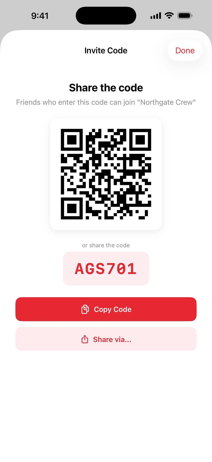 A friend group's members and invite code in Tango