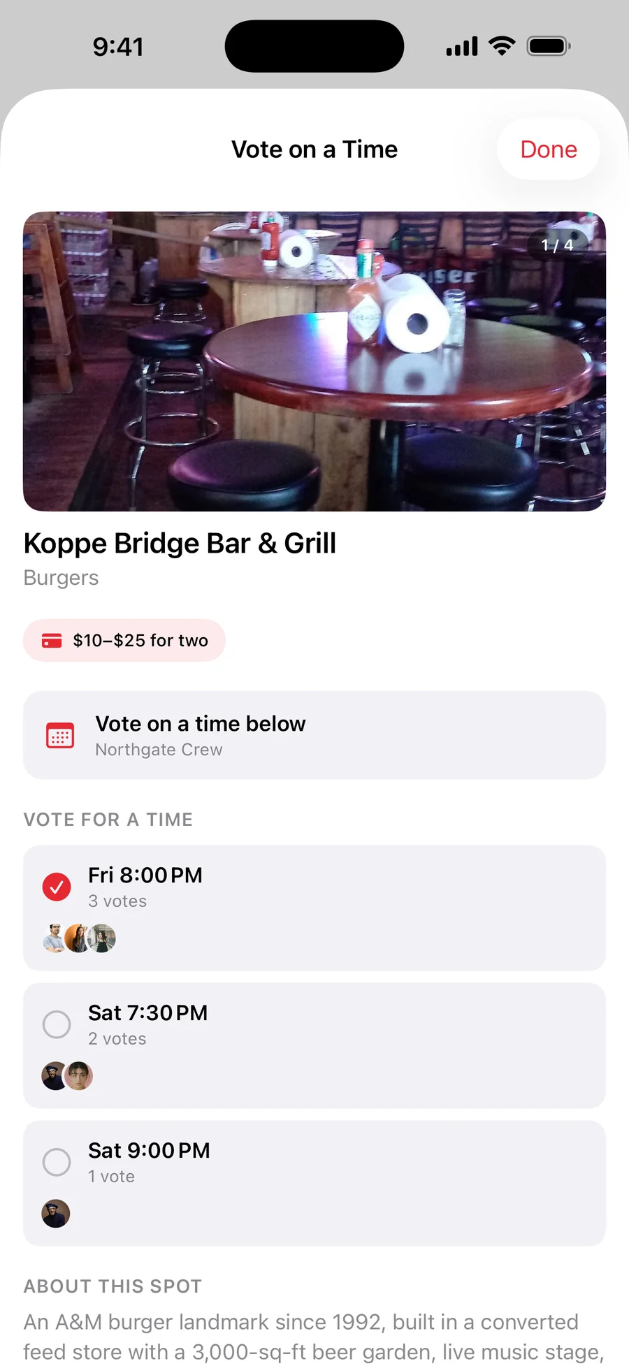 A group plan in Tango at a real College Station spot, with everyone voting on a time